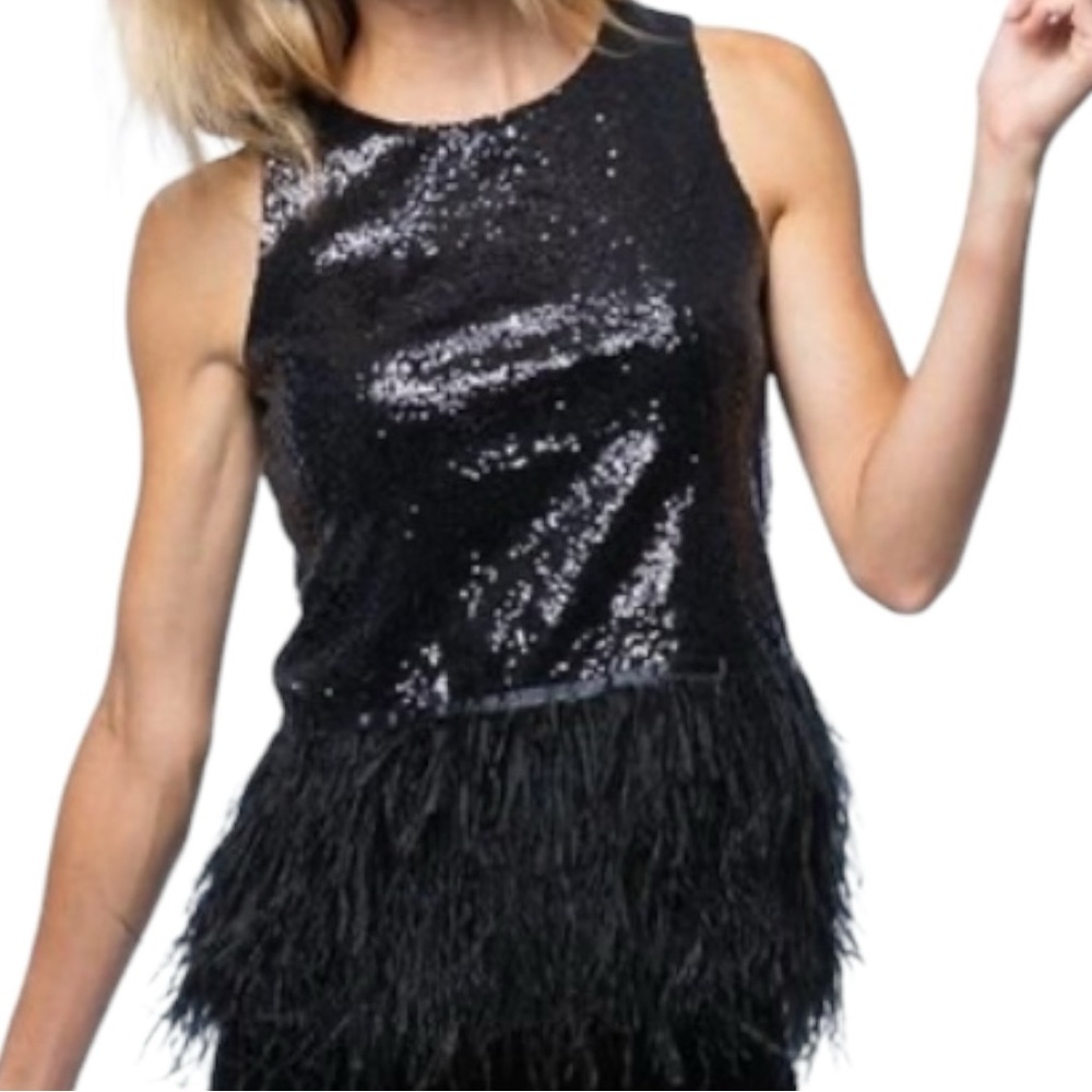 Tyler Boe Women's Black Sequin Ostrich Feather Sleeveless Party‎ Blouse Size 2